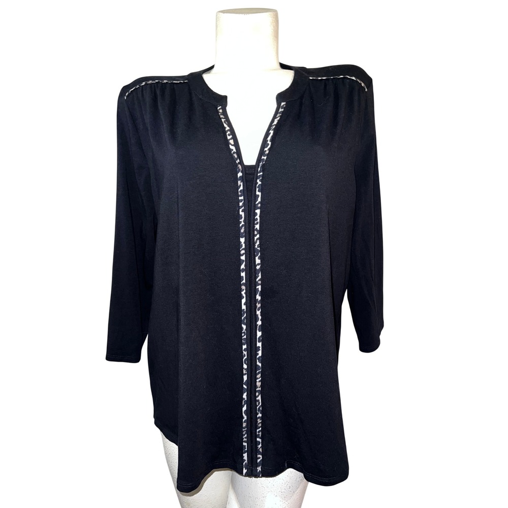 Weekends by Chicos Womens Black Animal Print Trim Split Neck 3/4 Sleeve Top XL 3